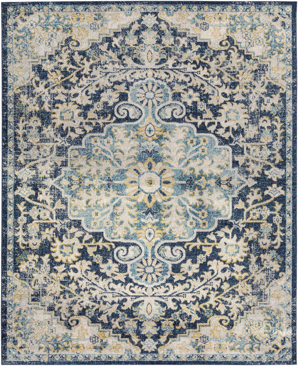 Close-up of the Kurnell Area Rug. Machine-woven polypropylene rug in aqua, ink blue, off-white, slate and yellow. Oriental pattern. Design-Rectangle-71010