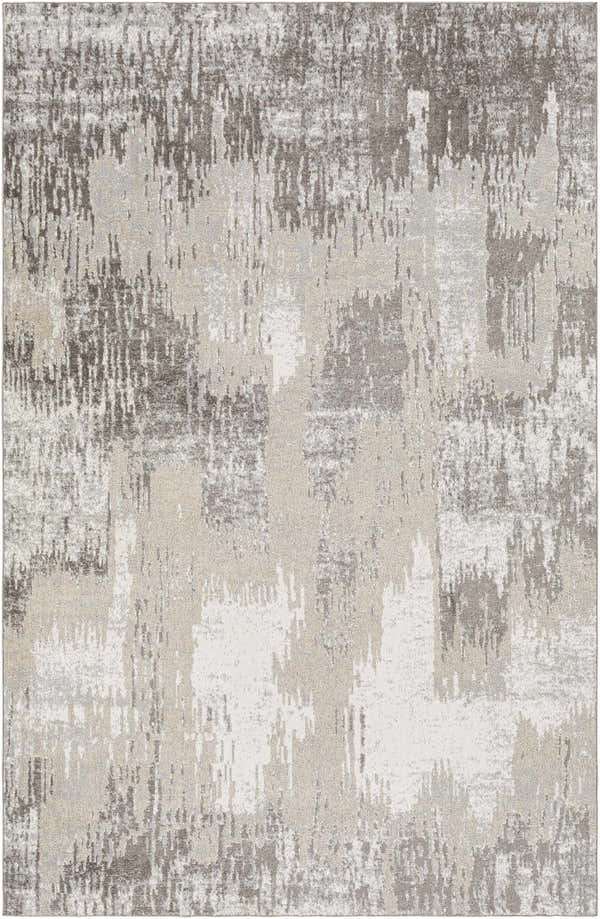 Close-up of Kuyucak Washable Area Rug. Abstract design in brown, cream, gray, light beige, and taupe. Machine woven texture. Design-Rectangle-537