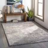 Entryway with wood bench, plants, and Kyabram textured abstract area rug in beige, charcoal, gray, and brown. Roomscene-Rectangle