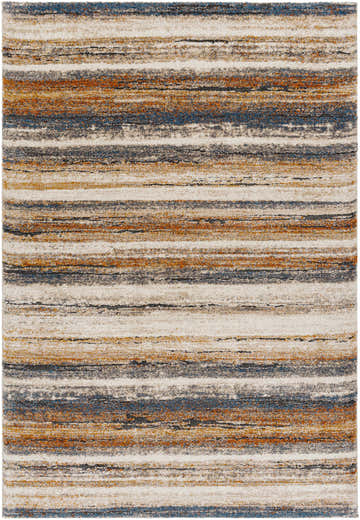 Close-up of the Kylo Area Rug, featuring a striped geometric pattern in dark beige, brown, mocha, and off-white hues. Design-Rectangle-5373