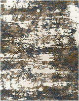 Close-up of the Lafontaine Boutique Area Rug. Cream shag rug with dark blue, brown, gray, and mustard abstract pattern. Design-Rectangle-71010