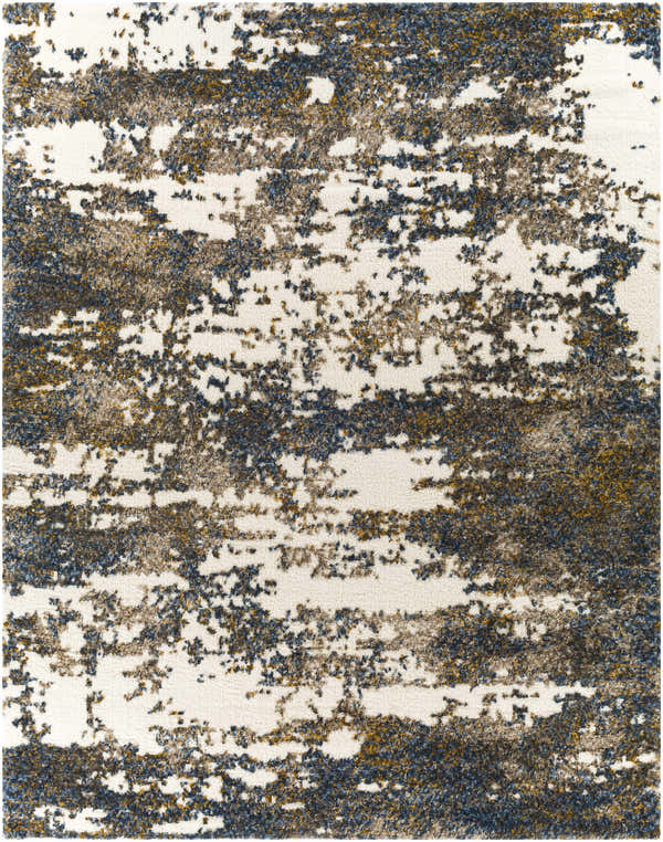 Close-up of the Lafontaine Boutique Area Rug. Cream shag rug with dark blue, brown, gray, and mustard abstract pattern. Design-Rectangle-71010