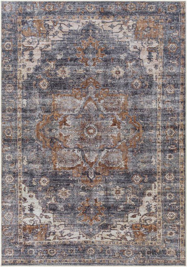 Close-up of the Lagangilang Washable Area Rug, showcasing its beige, camel, and charcoal traditional oriental design. Design-Rectangle-5373