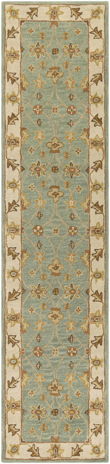 Close-up of the Lagrange Sage Regency Wool Carpet, showcasing its sage, brown, and beige floral pattern and hand-tufted texture. Design-Runner-310