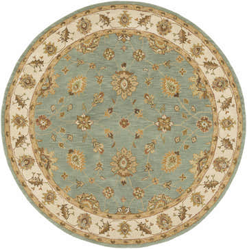 Close-up of a round Lagrange Sage Regency wool carpet with a floral pattern in sage, beige, and brown. Design-Round-8