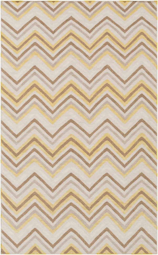 Close-up of the Laings Area Rug. Hand-woven wool rug with a contemporary chevron pattern in charcoal, beige, tan, and pale blue. Design-Rectangle-58