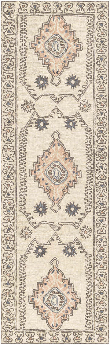 Close-up of the hand-tufted Laketon Wool Area Rug. Features oriental-inspired motifs in charcoal, dusty pink, and ivory hues. Design-Runner-268