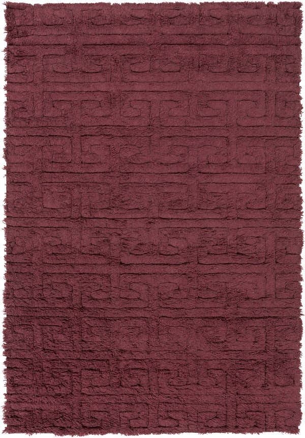 Close-up of the Lakota Area Carpet. Charcoal wool shag rug with a geometric pattern and fringed edges. Design-Rectangle-58
