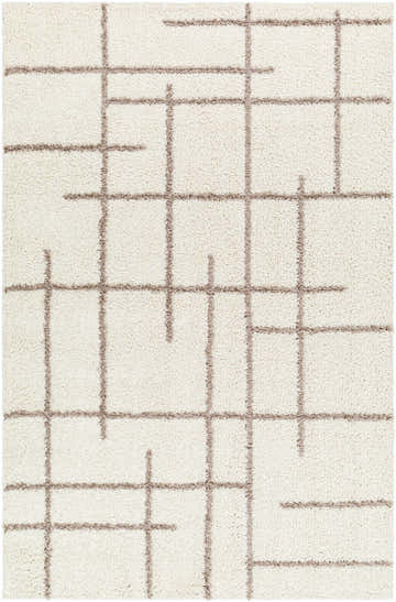 Close-up of the Lale Area Rug. Beige shag rug with a modern, dark brown geometric grid pattern. Soft texture. Design-Rectangle-537