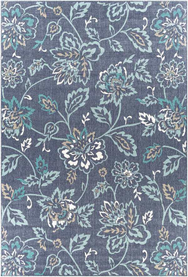 Close-up of a Lamb Area Rug - Clearance with a navy background and a floral pattern in teal, pale blue, taupe, and white. Design-Rectangle-76109