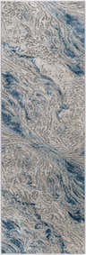Close-up of Lambton Blue Marble Area Rug featuring a contemporary charcoal, cream, and teal marbled pattern. Design-Runner-2777