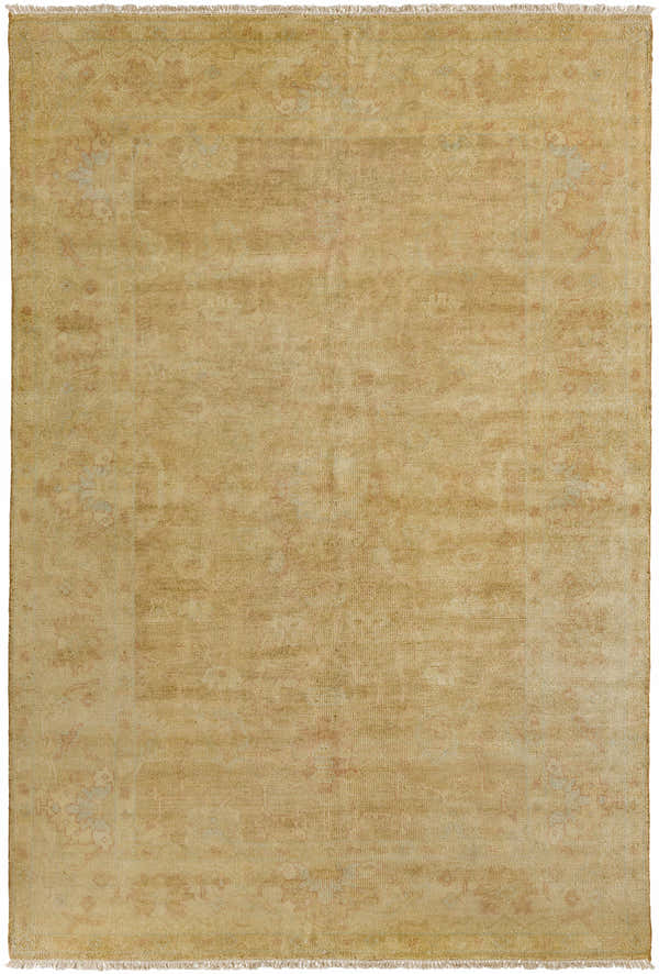 Close-up of the hand-knotted Langhorne Carpet. Traditional rug in tan, dusty pink, and mustard tones. 100% NZ Wool texture. Design-Rectangle-5686