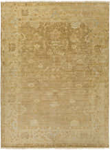 Close-up of the Langhorne Carpet. Hand-knotted wool rug in dusty pink, mustard, slate, and tan with a traditional floral pattern. Design-Rectangle-811