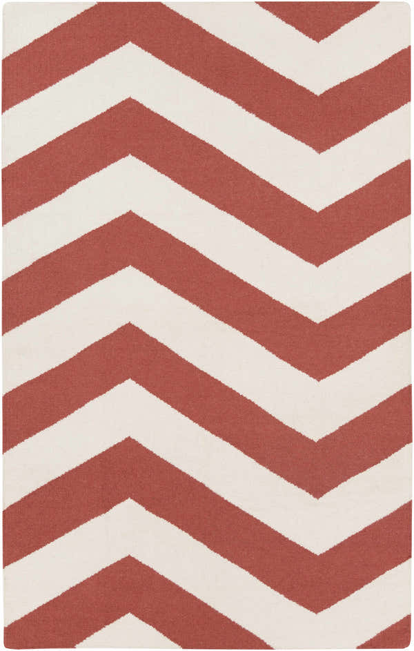 Close-up of Lapeer Area Rug. Beige and rose wool rug with a bold, contemporary chevron pattern. Hand woven texture. Design-Rectangle-58
