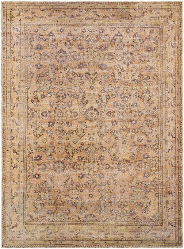 Close-up of the Lapining Washable Area Rug. Machine woven polyester rug in farmhouse style with a traditional floral pattern in beige and brown. Design-Rectangle-5373