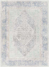 Close-up of the Laplace Area Rug, a vintage style rug in blue, charcoal, gray, and sage with an oriental pattern. Design-Rectangle-537