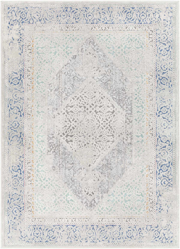 Close-up of the Laplace Area Rug, a vintage style rug in blue, charcoal, gray, and sage with an oriental pattern. Design-Rectangle-537