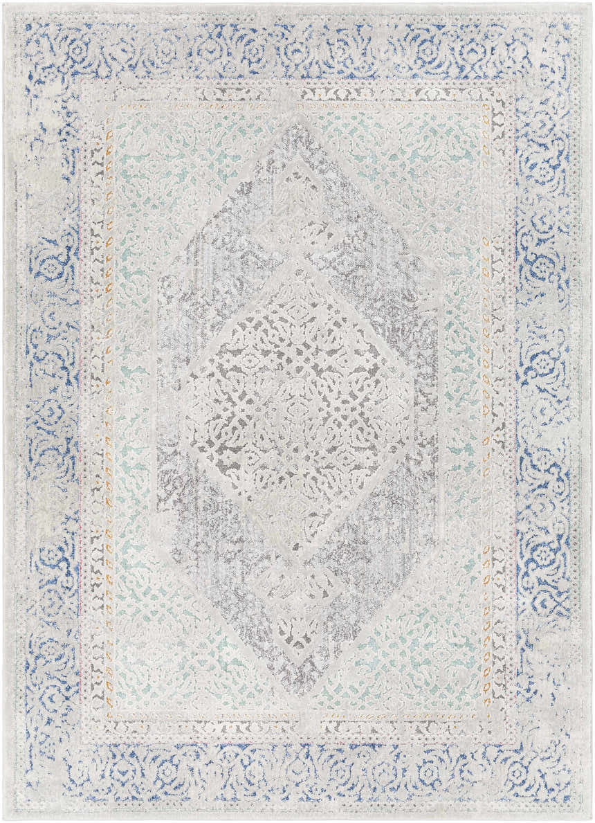 Close-up of the Laplace Area Rug, a vintage style rug in blue, charcoal, gray, and sage with an oriental pattern. Design-Rectangle-537