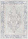 Close-up of the Laplace Area Rug, a vintage style rug in blue, charcoal, gray, and sage with an oriental pattern. Design-Rectangle-537