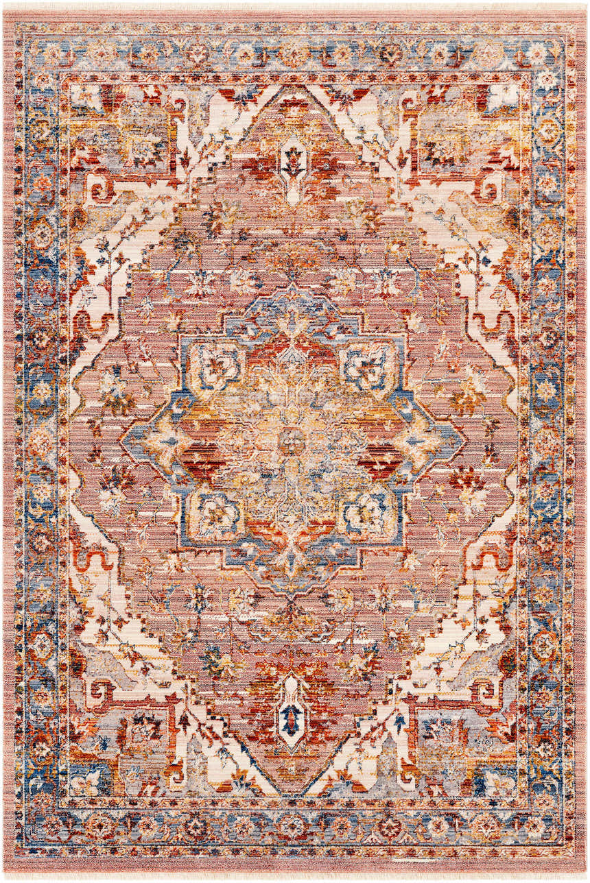 Detailed Lappe Area Rug with cream, blue, rust, and beige oriental pattern. Traditional style rug. Design-Rectangle-579