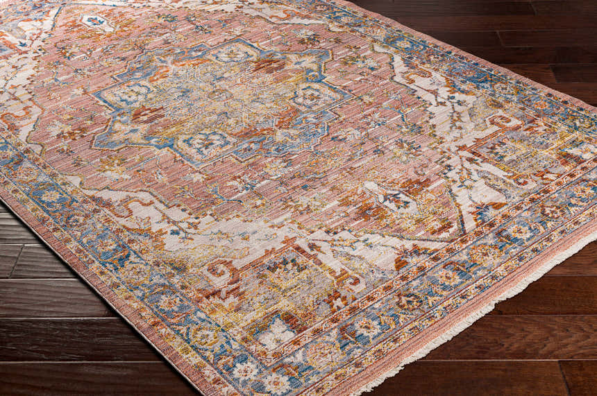 Close-up of the Lappe Area Rug on dark wood floor. Features cream, blue, and rust colors in a traditional pattern. Corner