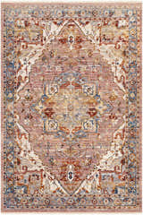 Detailed Lappe Area Rug in cream, blue, beige, gray, mustard, peach, and rust with a traditional oriental pattern. Design-Rectangle-58