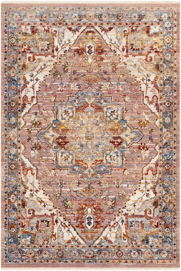 Detailed Lappe Area Rug in cream, blue, beige, gray, mustard, peach, and rust with a traditional oriental pattern. Design-Rectangle-58