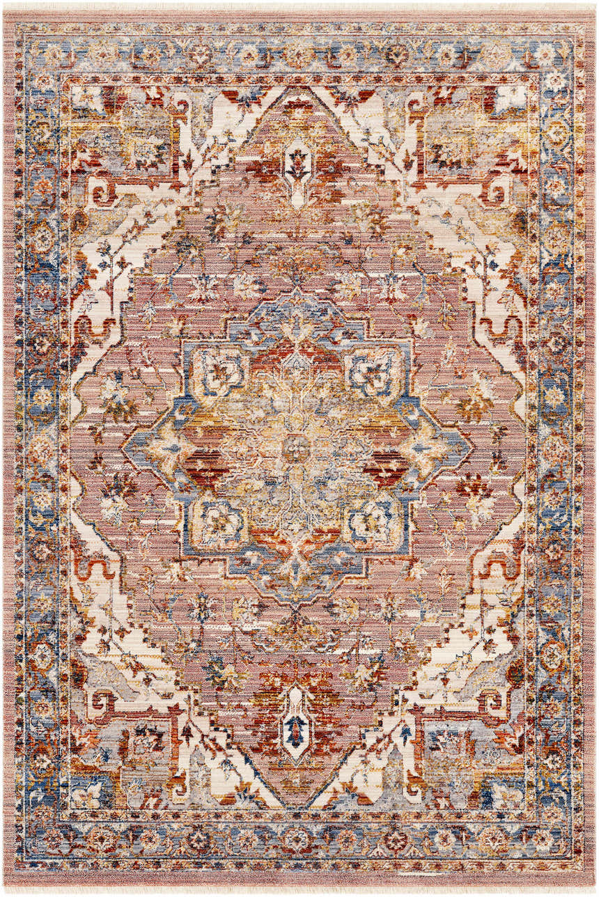 Detailed Lappe Area Rug in cream, blue, beige, gray, mustard, peach, and rust with a traditional oriental pattern. Design-Rectangle-58