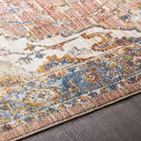 Close up of Lappe Area Rug showing cream, blue, rust, and beige traditional pattern and texture. Texture