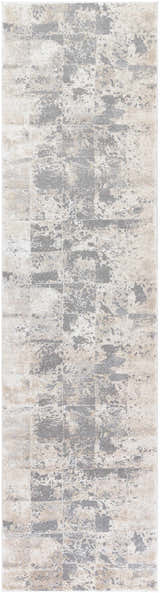 Close-up of the Lares Area Rug: charcoal, light beige, medium gray, and tan abstract pattern. Machine woven texture. Design-Runner-2710