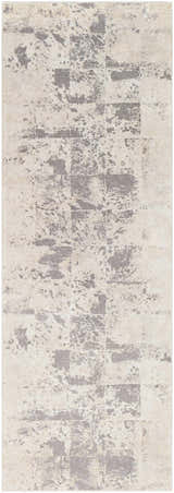 Close-up of the Lares Area Rug. Charcoal and light beige rug with a contemporary, abstract pattern. Design-Runner-2776