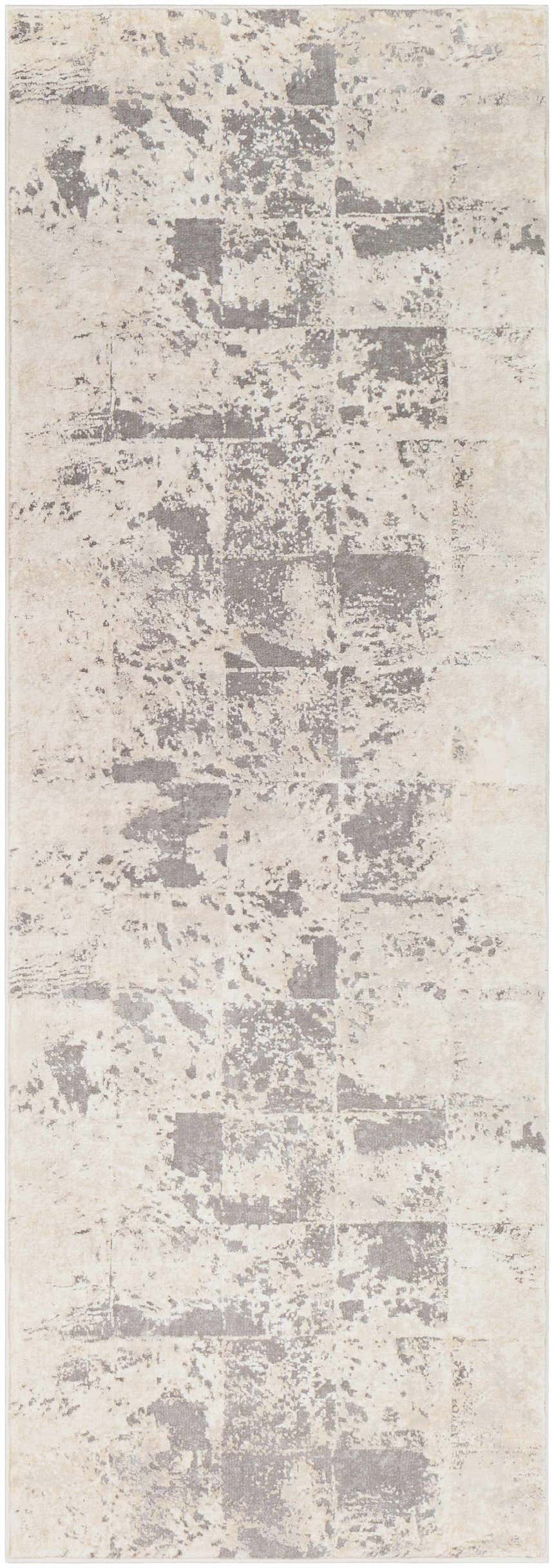 Close-up of the Lares Area Rug. Charcoal and light beige rug with a contemporary, abstract pattern. Design-Runner-2776