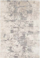 Close-up of the Lares Area Rug. Charcoal, light beige, medium gray, and tan tones with a contemporary animal pattern. Design-Rectangle-5376