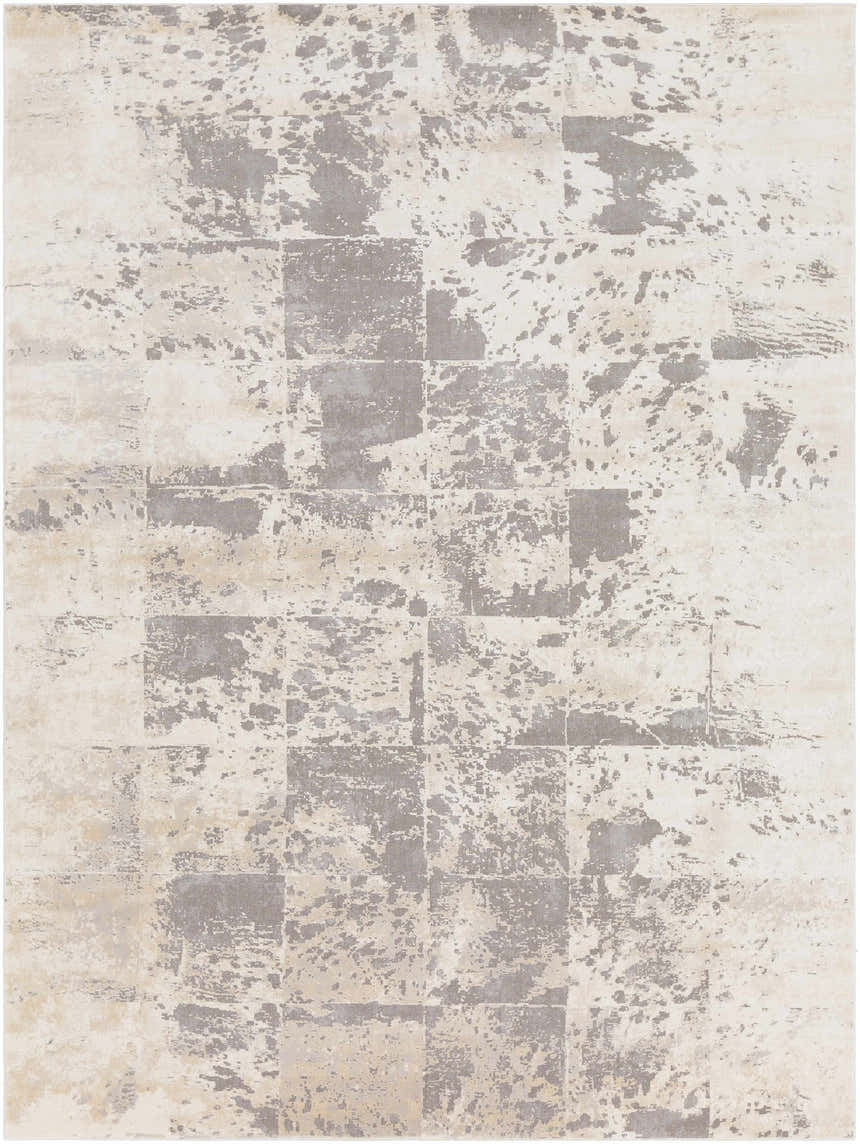 Close-up of the Lares Area Rug. Machine-woven rug with a contemporary animal pattern in charcoal, light beige, medium gray, and tan. Design-Rectangle-710103