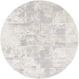 Round Lares Area Rug in charcoal, light beige, medium gray, and tan. Abstract pattern, machine woven. Design-Round-710