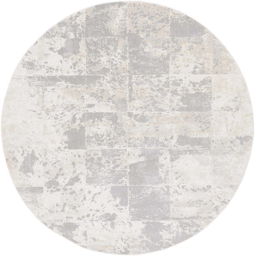 Round Lares Area Rug in charcoal, light beige, medium gray, and tan. Abstract pattern, machine woven. Design-Round-710