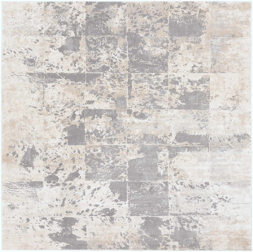Close-up of the Lares Area Rug. Charcoal, light beige, medium gray, and tan abstract pattern. Machine woven texture. Design-Square-710