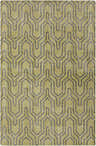 Close-up of the Larchmont Area Rug, a green wool rug with a black geometric pattern. Hand-knotted construction. Design-Rectangle-5686
