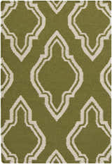 Close-up of the Larimore Area Rug. Olive wool rug with a cream geometric trellis pattern. Contemporary style. Design-Rectangle-23