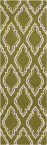 Close-up of the Larimore Area Rug showing its olive and peach geometric trellis pattern, hand-woven wool texture. Design-Runner-268