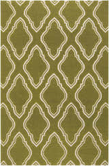 Close-up of the Larimore Area Rug. Olive wool rug with a white, geometric trellis pattern. Hand-woven texture. Design-Rectangle-58