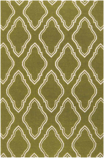 Close-up of the Larimore Area Rug. Olive wool rug with a white, geometric trellis pattern. Hand-woven texture. Design-Rectangle-58