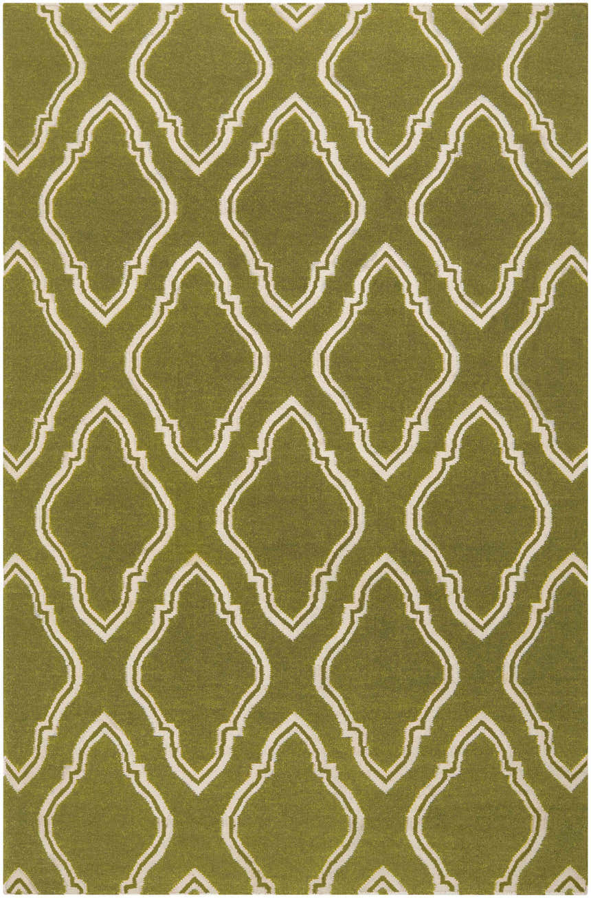 Close-up of the Larimore Area Rug. Olive wool rug with a white, geometric trellis pattern. Hand-woven texture. Design-Rectangle-58