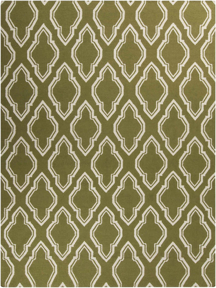Close-up of the Larimore Area Rug. Olive green wool with a white geometric trellis pattern. Hand woven. Design-Rectangle-811