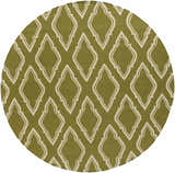 Close-up of round Larimore Area Rug. Olive green wool with a geometric diamond pattern in cream. Design-Round-8