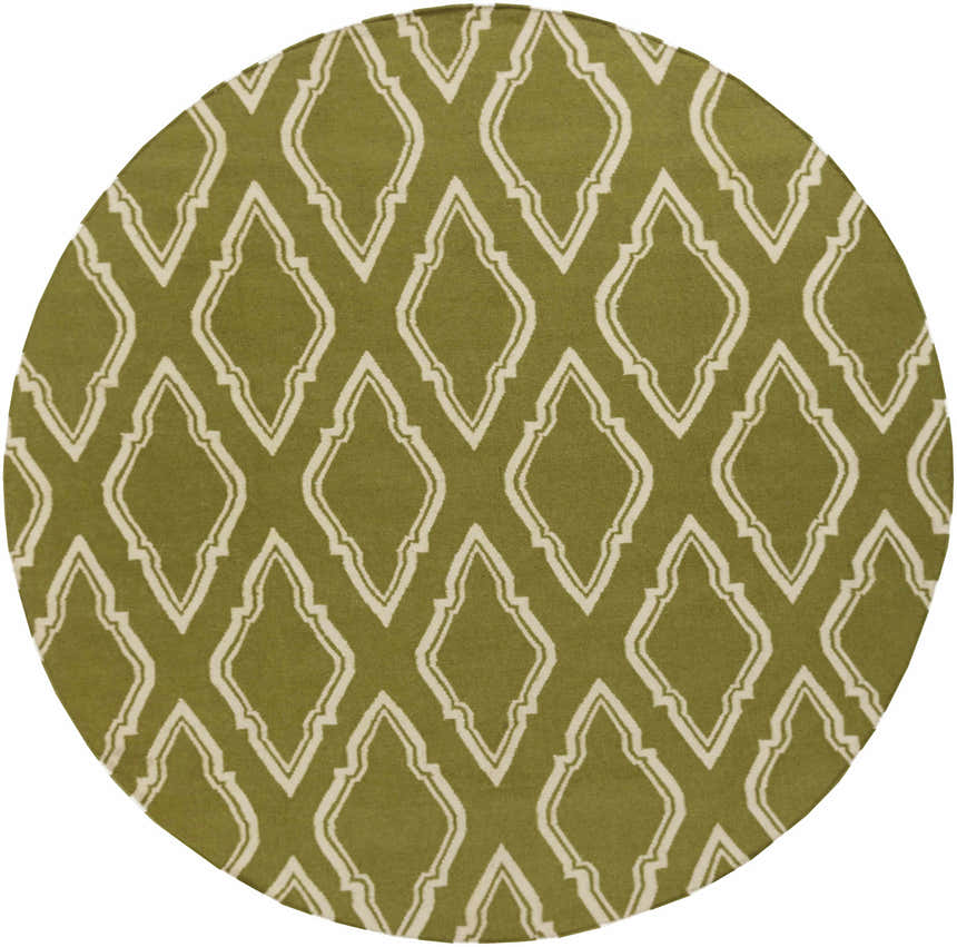 Close-up of round Larimore Area Rug. Olive green wool with a geometric diamond pattern in cream. Design-Round-8