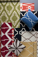 Variety of hand woven wool rugs. Olive, peach, red, black, and yellow colors. Larimore Area Rug. Contemporary style. Styleshot