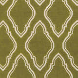 Close-up of Larimore Area Rug. Olive green wool with a geometric, off-white trellis pattern. Hand woven texture. Swatch