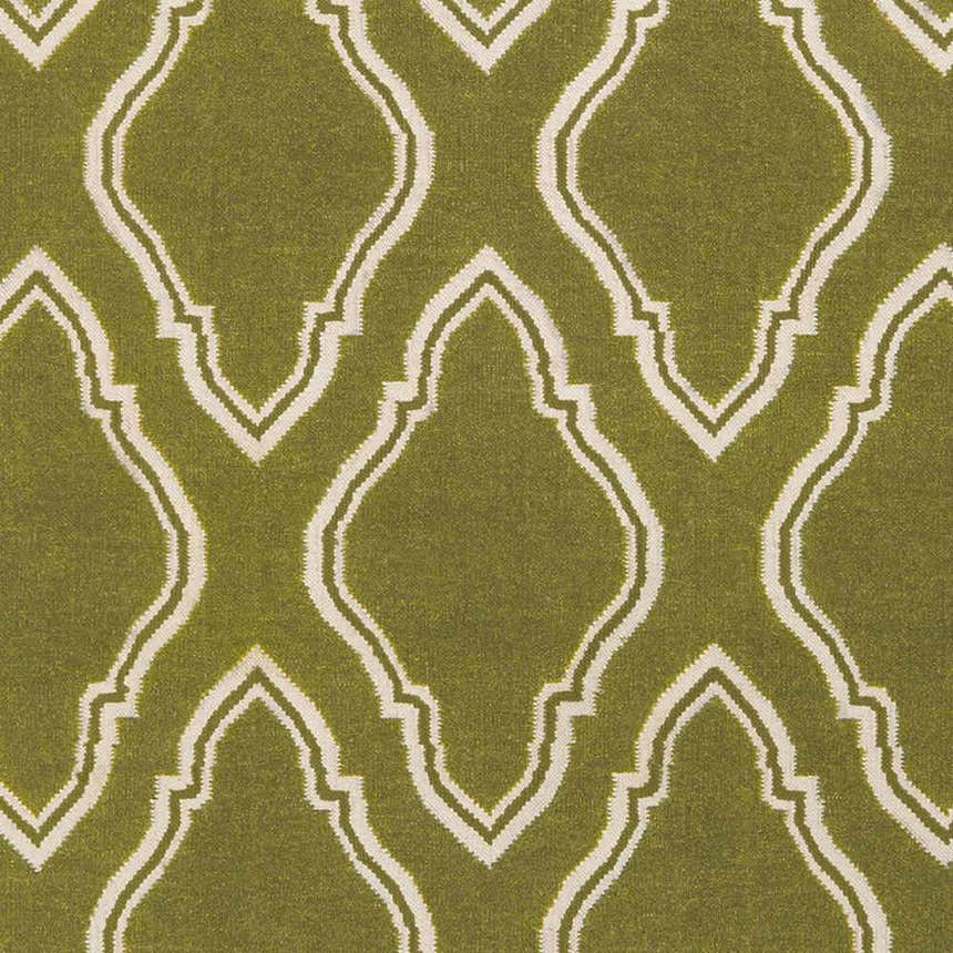 Close-up of Larimore Area Rug. Olive green wool with a geometric, off-white trellis pattern. Hand woven texture. Swatch