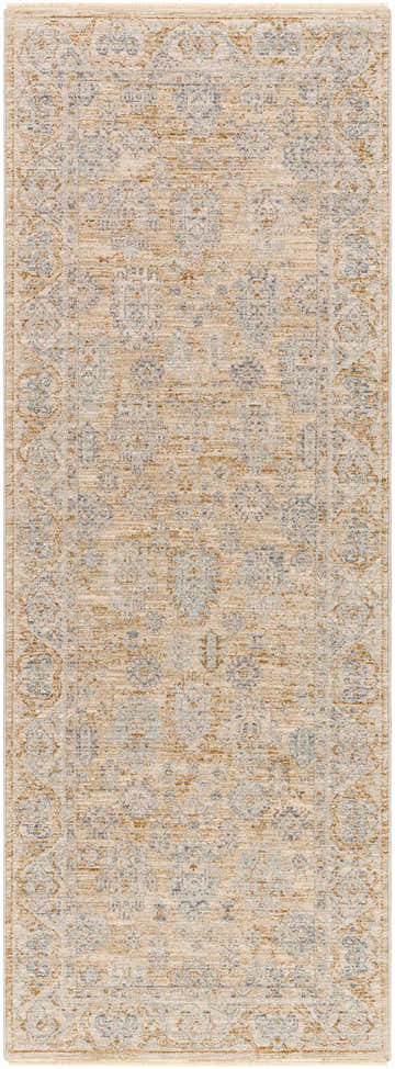 Close-up of the Coby Cream Avant Garde rug, showcasing its traditional pattern, brown, teal, and gray colors, and luxe texture. Design-Runner-2710